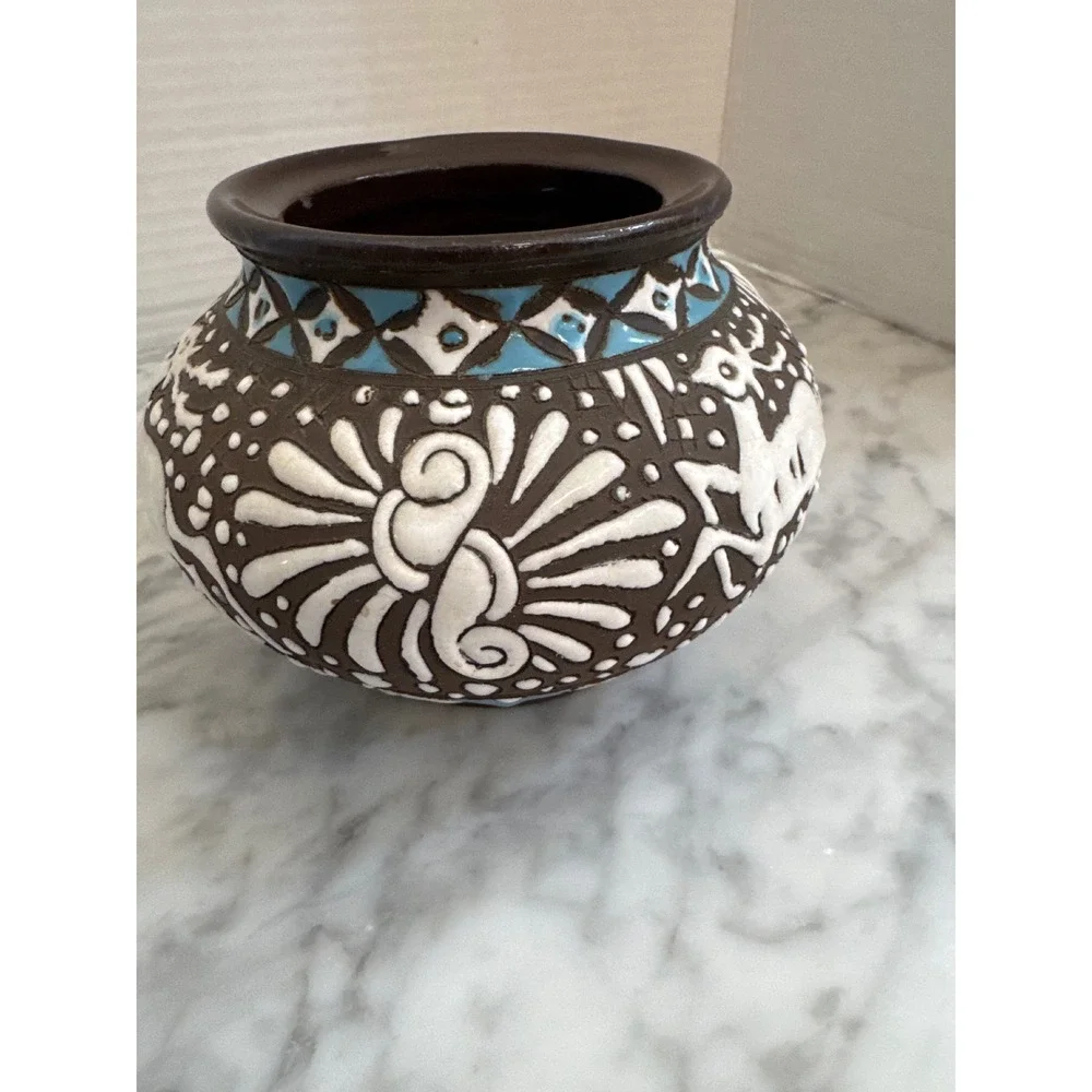 Neofitou Keramik Rhodes Greece Hand Painted Deer Pottery Vase Brown Blue White